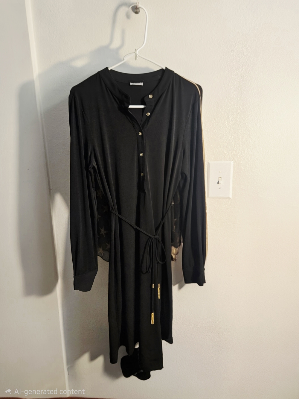 Calvin Klein Black Long-Sleeve Shirt Dress with Gold Hardware & Tie Waist